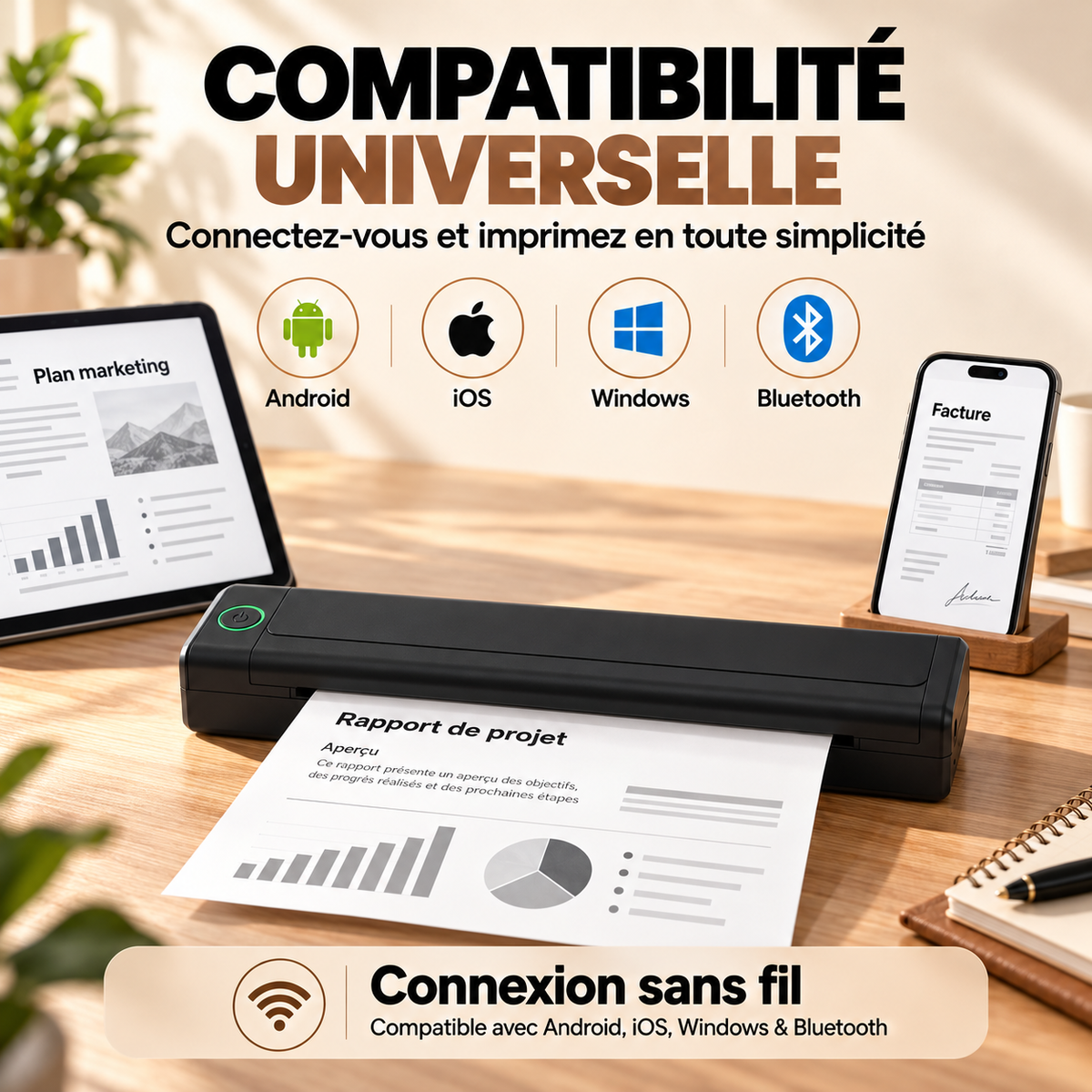 IMPRIMANTE PRO - Portable et Thermique + 50 feuilles incluses