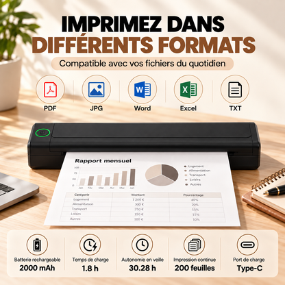 IMPRIMANTE PRO - Portable et Thermique + 50 feuilles incluses