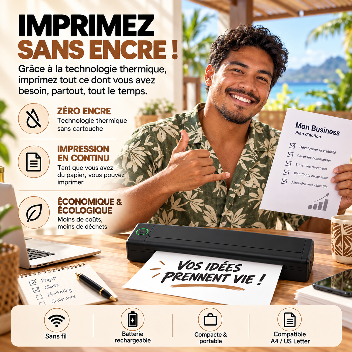 IMPRIMANTE PRO - Portable et Thermique + 50 feuilles incluses